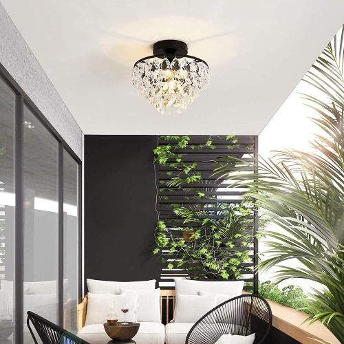 YYJLX Modern Small Crystal Ceiling Light Fixture Mini Black Semi Flush Mount Chandelier Light Fixture for Hallway Bedroom Bathroom Closet e26