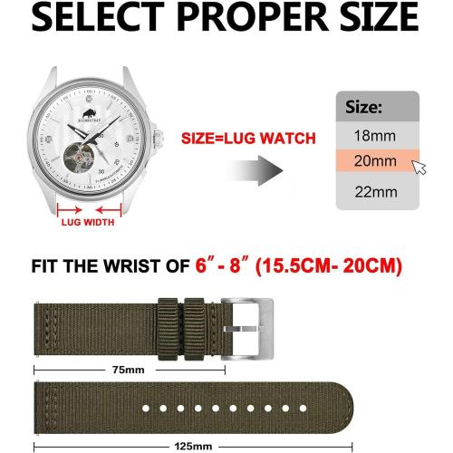 BISONSTRAP Men’s Nylon Watch Bands, Two-Piece Military Watch Straps, Quick Release, Brushed Buckle, Band Width 18mm 19mm 20mm 22mm