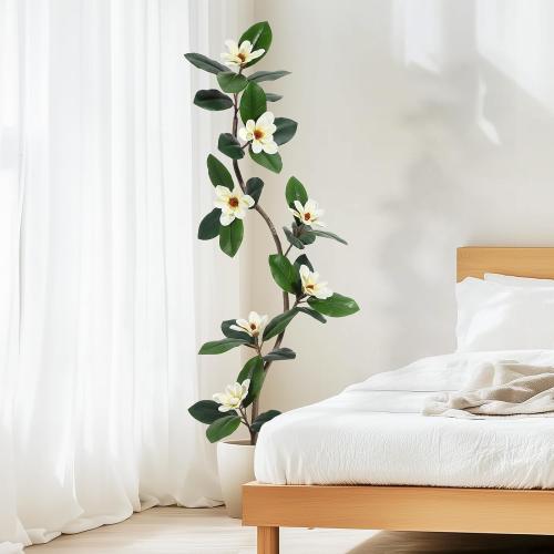 Size 5ft Rubber Tree 5FT Artificial Tree in White Planter Pot,Faux Plants Indoor Faux Floor Plant Artificial Plants with 7 Pcs Magnolia Flowers for Home Decor, Artificial Fiddle Leaf Fig Tree for Office