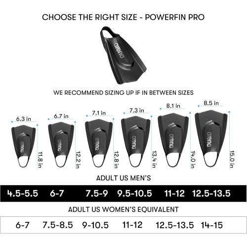 Arena Unisex Adult Powerfin Pro II Swim Training Fins Men and Women Silicone Short Blade Flippers Left-Right Customized, Sizes 4.5-13.5