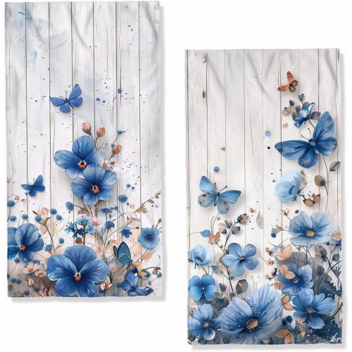 Vintage Blue Flowers Bath Hand Towels Absorbent Butterfly Daisy Decorative Hand Towels for Bathroom Kitchen Home Spa Hotel Yoga,Bathroom Decor Accessories Gifts for Women Man 14x28