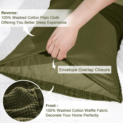 PHF 100% Cotton Waffle Pillow Shams King Size, 2 Pack 20 x 36 Soft Skin-Friendly Pillowcases, No Filling, Aesthetic Woven and Breathable Waffle Weave Pillow Case Covers for Bed, Capulet Olive