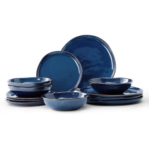 Bestone 12 Pieces Round Kitchen Dinnerware Sets，Plates and Bowls Sets,Dishes, Plates, Bowls, Dish Set, Chip Resistant Ceramic Dinnerware Set, Dishwasher/Microwave Safe,Service for 4,Cobalt Blue