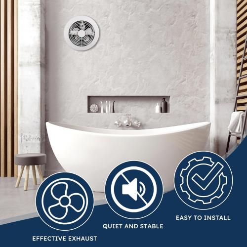Quini 512M 6-inch Through Wall Exhaust Fan, 80 CFM 4.0 Sones, Bathroom Wall Exhaust Fan, Kitchen Ventilation Fan, 6-inch Diameter Vent, Retractable Duct