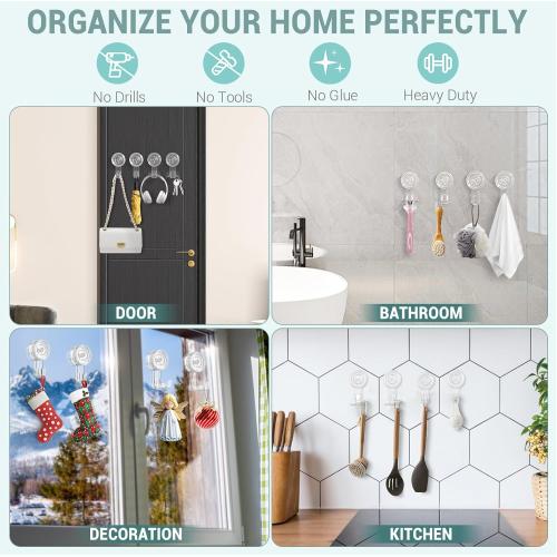 Suction Cup Hooks, BUDGET & GOOD Reusable Waterproof Shower Hook, 4Pcs Vacuum Suction Hooks - Razor Holder - Wreath Hook - Multi-Use for Bathroom Kitchen Office, Storage & Organization for Accessories