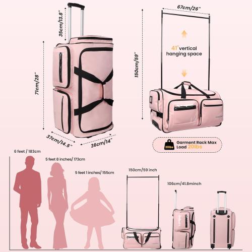 Fanwoli 28 Dance Bag with Garment Rack | Upgraded Stable System & Fabric | More Lightweight & Wear-Resistant | Ideal Competition Rolling Duffle Bag | Pink/Black Trim