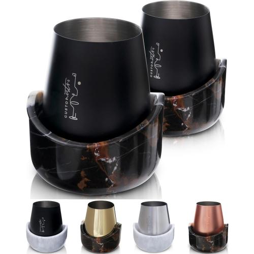 Gusto Nostro Marble Wine Chiller for Glass and Stainless Steel Tumbler Set of 2 - Wine Glass Chiller Holder for Freezer - Cool Set of Two Chillers & Stemless Wine Metal Tumblers for Home, Bar (Black)