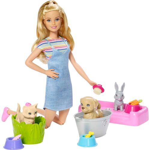 Barbie Play 'n Wash Pets Playset with 3 Color-Change Animals & 10 Toy Accessories, Blonde Fashion Doll with Blue Eyes