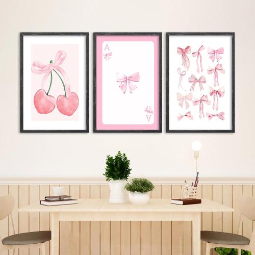 flowtorely Set Of 3 Trendy Pink Bows Poster Wall Art 24x16 Inch Girly Preppy Room Watercolor Aesthetic Wood Frame Sign For College Apartment Cherry Heart Poker Prints Girls Bedroom Hang Decor (Black) - frames with scratches