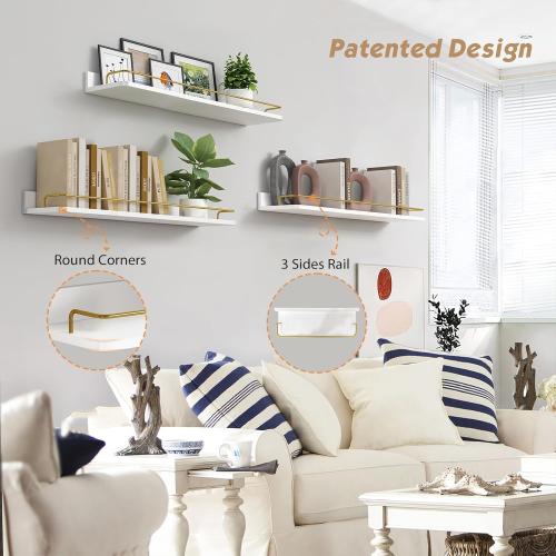 Forbena 24 Inch Bathroom Floating Shelves for Wall Set of 3, Gold Bathroom Shelves Over Toilet Wall Mounted with Rail, Decorative Hanging Shelf for Bedroom Office Living Room Decor (White and Gold)