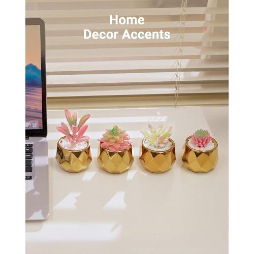 VIVERIE Mini Succulents Plants Artificial in Pots-Pink with Golden Ceramic, Christmas Small Fake Succulents Plants for Home Decor Indoor Christmas Decor for Women, Set of 4, Gifts for Mom