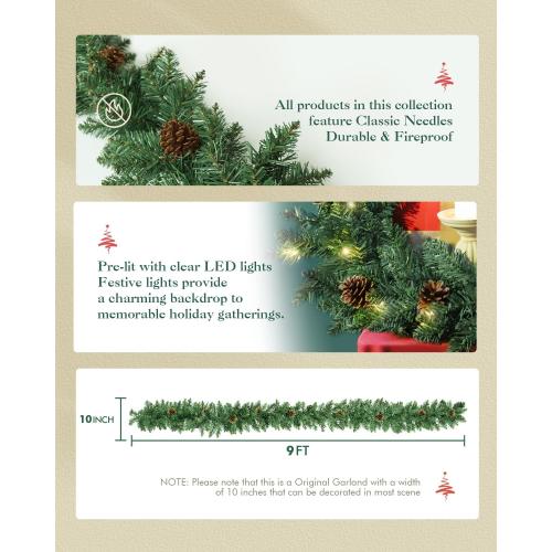 Pre-lit Christmas Garland, 9FT Lighted Christmas Garland Indoor with Red Berries & Pine Cone for Stairs Wall Door Outdoor Holiday Decor with Battery Operated Timer, Artificial Xmas Garland