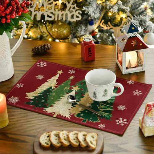 Artoid Mode Xmas Trees Snowflakes Winter Placemats Set of 4, 12x18 Inch Seasonal Red Christmas Table Mats for Party Kitchen Dining Decoration