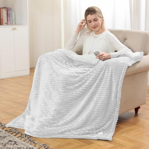 Electric Heated Blanket Throw, Heating Blanket Throw with Soft Flannel, 84* 90Inch Heated Throw Blanket with 10 Time Settings, 6 Heat Settings, and 8 hrs Timer Auto Shut Off (White)