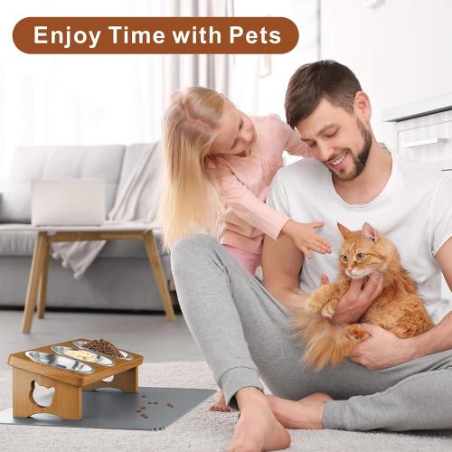 Elevated Cat Bowls with 3 Stainless Steel Bowls | 15° Tilted Anti-Vomiting Raised Cat Food Bowl with Solid Wood Stand and Silicone Pad for Cats and Small Pets Bowl(Warm Chestnut)