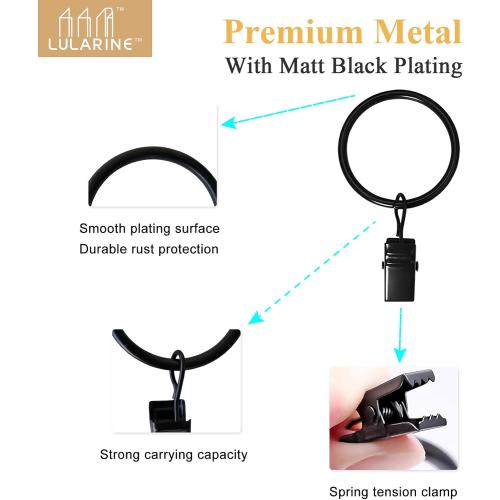 42 Pack Curtain Rings with Clips 1.26 Interior Diameter,Metal Drapery Ring with Clips Compatible with up to 1 inch Drapery Rod,Strong Vintage Decorative Rustproof Drapery Ring with Hooks(Black)