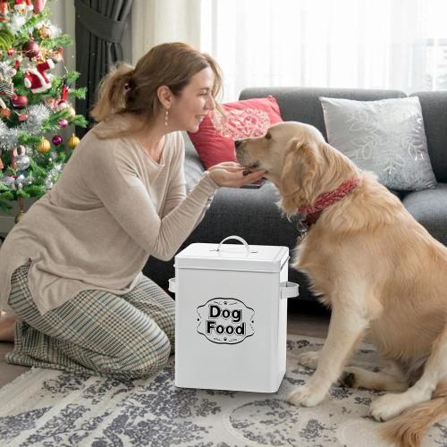 Youeon 5-7 Lbs(25 Cup) Metal Dog Food Storage Container with Lid and Scoop, Airtight Dog Treat Container, Farmhouse Pet Food Storage Container, Cute Dog Food Canister, Gift for Dogs and Owners, White