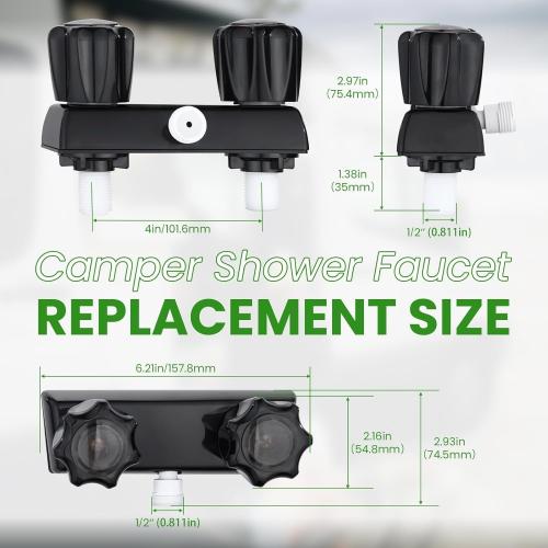 RV Shower Faucet Dual-Handle Camper Shower Faucet Replacement 4 RV Shower Valve Diverter for Camper Van Outside and Inside Bathroom Shower with Acrylic Knob (Black Faucet)