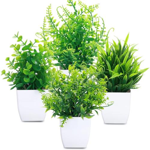 GREENTIME 4 Pcs Fake Plants Potted Small Artificial Plant Indoor Faux Greenery in White Pot for Home Office Bedroom Desk Bathroom Shelf Farmhouse Decorations