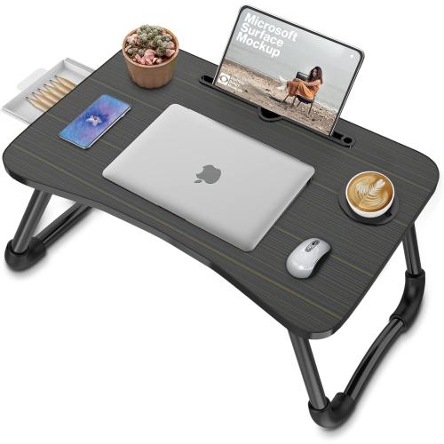 Zapuno Foldable Laptop Bed Table, Laptop Desk, Breakfast Tray, Arc Shape | Multi-function Lap Bed Tray, Storage Drawer and Water Bottle Holder, Slot for Eating, Working, For Bed/Couch/Sofa