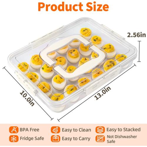 2 Pack Deviled Egg Containers with Lid and Handle, Durable Clear Plastic Deviled Egg Carrier Storage 48 Eggs, Stackable Egg Holder for Fridge, Portable Tray Platter for Party & Picnics-White