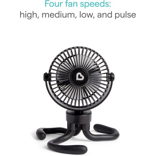 Munchkin Stroller Fan - Portable Fan for Travel, Baby Gear Accessory with 4 Speeds, Flexible Clip-on Leg Attachment, Rechargeable Battery, Black with Multicolored LED Lights
