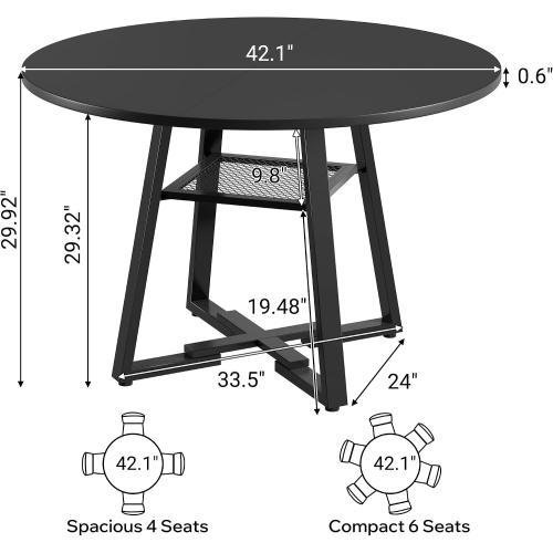 YUUIJOAA Round Dining Table for 2-4 People,42 Inch Dining Room Table,Modern Circle Kitchen Table with Storage Shelf and Metal Legs for Dining Room,Kitchen,Black (Table Only)