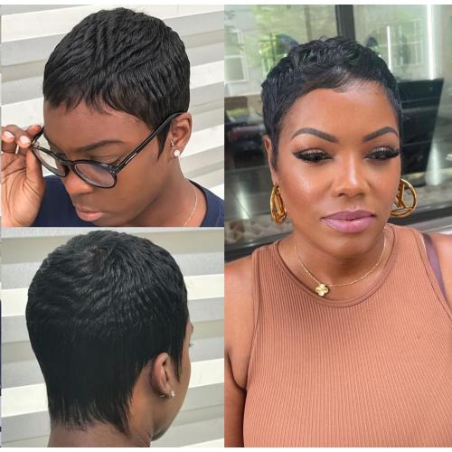 Short Pixie Cut Wig for Women 150% Density Virgin Human Hair Full Machine Made Short Layered Wigs with Bangs for Daily Wear Pixie Cut Straight Style Perfect for Summer 1B Color