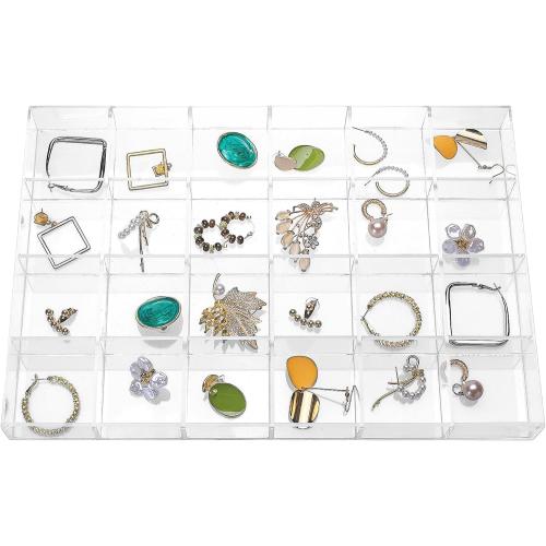 Large Clear Jewelry Organizer Display Tray, Storage Case for Rings, Earrings, Necklaces, Acrylic Drawer Organizer Trays (24 Grids)