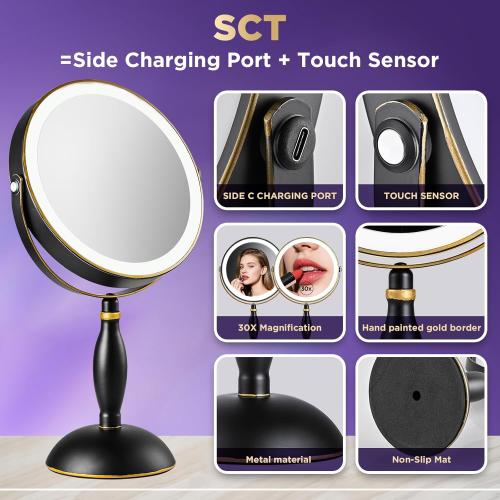 30x Magnifying Mirror with Light, Matte Black with Gold Trim, Makeup Mirror with 3 Color Lights & Brightness Adjustable, 5000mAh Rechargeable Vanity Mirror, Modern Style Side Touch   Side Charge