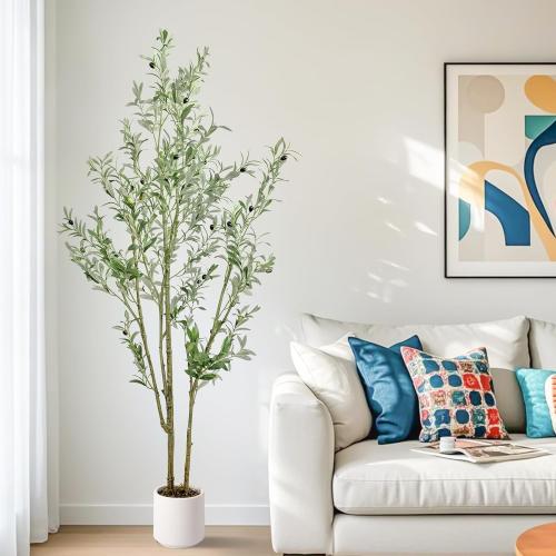 Artificial Fake Olive Tree 6FT Tall 1Pack with White Planter Faux Silk Olive Tree for Home Living Room Office Decor Faux Artificial Plants Indoor with Fruit & Free Moss