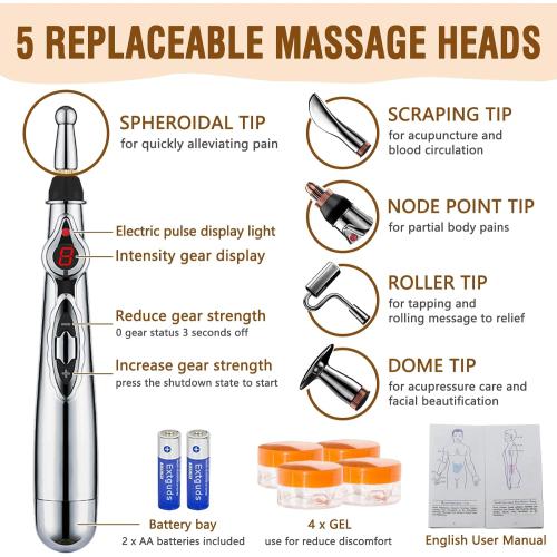 Acupuncture Super Set: 5-Head Electronic Acupuncture Pen   Gua Sha Tool   Ear Seeds   Retractable Acupuncture Pen   4 x Extra Massaging Gel   Tweezers Chart Batteries (Acupuncture Set(with A new bag))