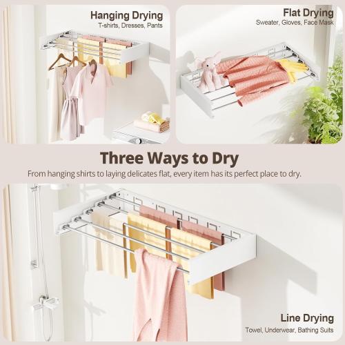 Wall Mounted Clothes Drying Rack Folding Indoor, Foldable Laundry Drying Rack Collapsible,Invisible, Space Saving, Retractable Towel Drying Rack, with Wall Template(5 Drying Rods, White 32)