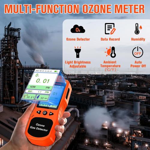 Portable Ozone Detector, 0-100 PPM Ozone Gas Monitor with 0.01 PPM High Resolution, 16H Long Battery Life, Ozone Meter with Alarm, O3 Air Quality Monitor with Temp & Humidity Tester, Orange