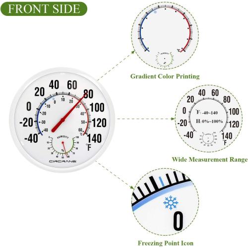White 13.25 Circrane 13.25 Inch Round Thermometer with Hygrometer, Large Indoor Wall Patio Bimetal Weather Thermometer, No Battery Required, White