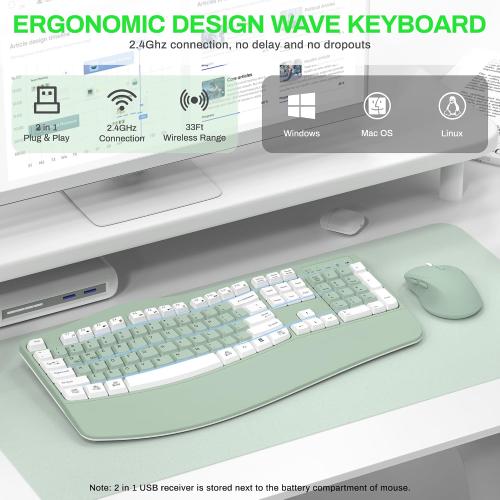 Wireless Keyboard and Mouse Combo,2.4G Full Size Wave Keys Ergonomic Keyboard with Wrist Rest for Natural Typing, 3 DPI Adjustable Ergonomic Mouse for Computer/Laptop/Windows/Mac (Avocado Green-A)