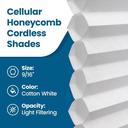 BlindsAvenue Cellular Honeycomb Cordless Shade, 9/16 Single Cell, Light Filtering, White, Size: 21.5 W x 72 H