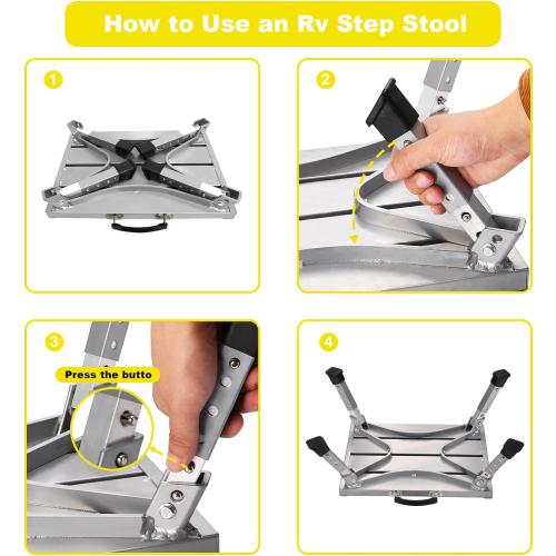 Safety RV Steps, Yagud Height Adjustable Folding Platform Step with 17 X 12 Anti-Slip Surface, Rubber Feet, Handle, Reflective Strips, and T Level, Aluminum RV Step Stool Supports Up to 1000lbs