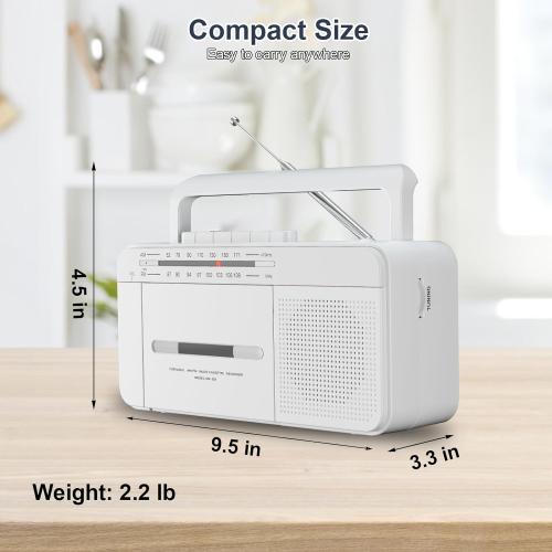 Portable Cassette Player Recorder Boombox with AM/FM Radio, AC or Battery Powered Vintage Casette Tape Player with Loud Speaker and Earphone Jack for Home or Outdoor White