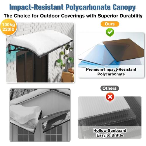 Awning for Door Entrance, Window Awnings Exterior with Aluminum Bracket Polycarbonate Board, Patio Balcony Porch, UV Rain Snow Protection Brown 60x130cm/24x51in
