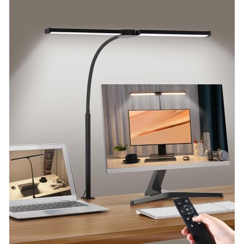 Motumen Led Desk Lamp for Home Office, Eye-Care Desk Light Clamp, Black | Smart Double Head Computer Monitor Table Clip Lamp, Adjustable Flexible Goose-Neck, 25 Lighting Models, Task Lamp