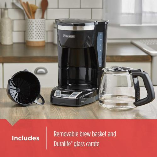 BLACK DECKER 12-Cup Digital Coffee Maker, Programmable, Washable Basket Filter, Sneak-A-Cup, Auto Brew, Water Window, Keep Hot Plate, Black