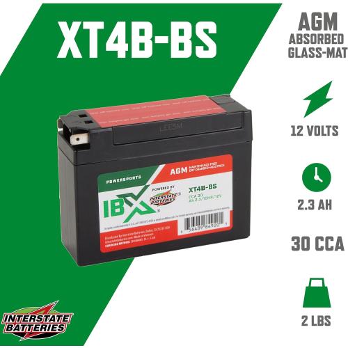 Interstate Batteries YT4B-BS 12V 2.3Ah Powersports Battery 30CCA AGM Rechargeable Replacement for Suzuki, Yamaha, Motorcycles, Mini-Bikes DR-Z50 DR-Z70 SR400 TTR110E TTR50E TTR90E (XT4B-BS)