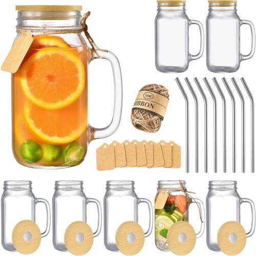 TANGLONG Mason Jar with Lid and Straw 24 oz Mason Jar Cups Set of 8 Glass Cups with Lids and Straws Mason Jars with Handle Drinking Glasses