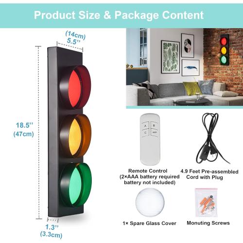 Traffic Light Wall Lamp Remote Control Retro Kids Bedroom Stop Light, Plug in Industrial LED Wall Sconce, 18.5’’ Vintage Fun Signal Lights for Home Office Bar Garage Car Room Decor Christmas