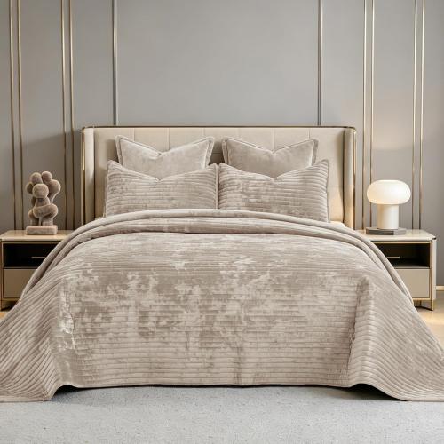 Quilt Set Oversized King Size 120x120 Luxurious Velvet Bedding Sets with 2 Pillow Shams 20x36 3 Pieces Ultra Soft Quilted Striped Bedspread Coverlet Comforter for All Season,Beige | for sensitive skin