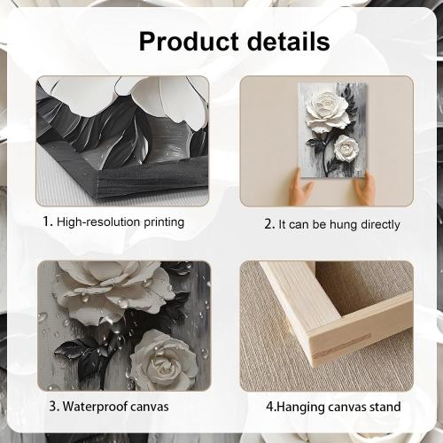 Framed Wall Art Canvas Wall Art White Rose Floral Framed Canvas Wall Single Piece Sculpture Wall Decor for Living Room Bedroom Office Modern Home Art Elegant Floral Art 12x16 Inch