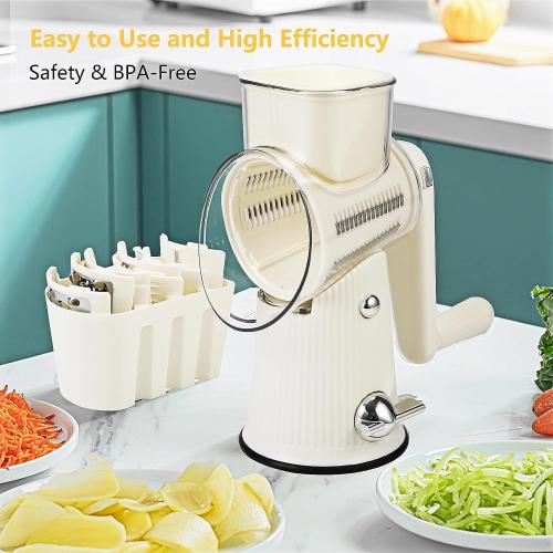 Rotary Cheese Grater with Handle: 5 in 1 Cheese Grater Hand Crank Cheese Shredder with Strong Suction Base Kitchen Vegetable Slicer with 5 Interchangeable Blades, Storage Box, White