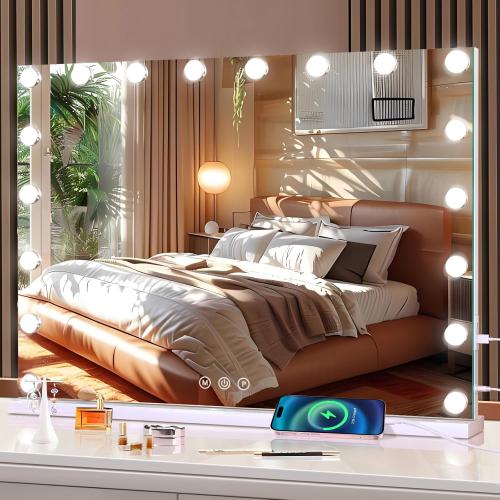 Vanity Mirror with Lights, Large Makeup Mirror with LED Lights, Smart Touch Dimmable 3-Color Light, Memory Function, USB Charging Port