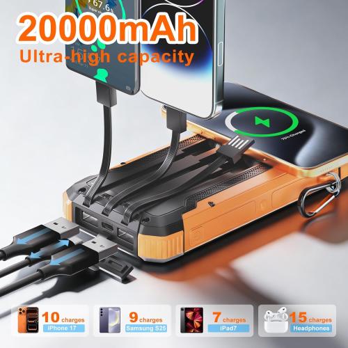 Power Bank Portable Solar Charger, Wireless Fast Charging Battery Pack, 20000mAh Capacity USB-C Input, 6 Outputs, Dual LED Flashlight, USB Battery Pack for Cell Phone Camping Travel Emergency (Orange)